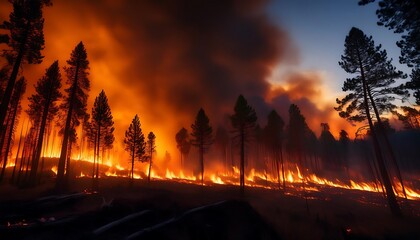 The sun dips below the horizon, painting the sky with hues of orange and red as the forest silhouetted against the twilight sky