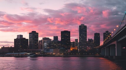 Obraz premium City under a cloudy sky during the pink sunset in the evening