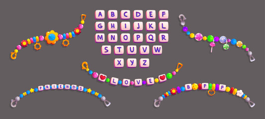 Colorful friendship bracelets made up of vibrant beads and playful charms like hearts and candies, flowers and stars, and letters on square string. Cartoon set of fun girl accessory with font for diy.