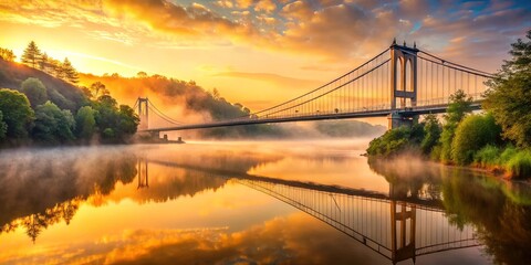 Obraz premium A Suspension Bridge Reflects in the Golden Dawn, Its Structure Duplicated in the Still Waters Beneath a Misty Sky