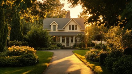 Cozy family home surrounded by a lush garden, glowing driveway reflecting the golden hour