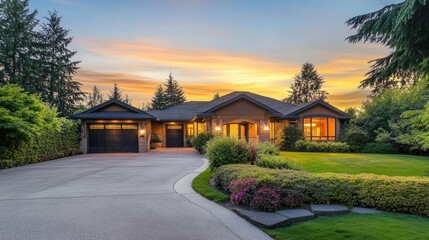 Obraz premium Family home glowing warmly at dusk, garden lush and driveway neat, under a fading golden sky.