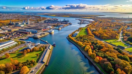 Naklejka premium Aerial view of Dublin channel near the port during autumn , Dublin, aerial, view, channel, port, autumn, water, city