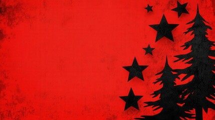 Red and black holidaythemed grunge texture with abstract tree and star shapes, rustic Christmas vibes