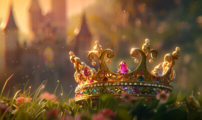 Golden crown with jewels and gems, the king's royal diadem, a royal banner, blurred background, medieval fantasy, Generative AI