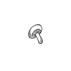 Champignon mushroom sketch. Vector graphic line illustration hand drawn isolated. Black and white doodle. Ingredient for cooking production. Wild forest concept. Clipart for postcard, sticker, menu.