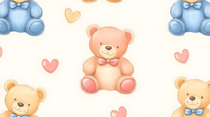 Fototapeta premium Teddy bear seamless pattern with cute hearts and playful designs, perfect for baby cards and Valentine's Day decorations
