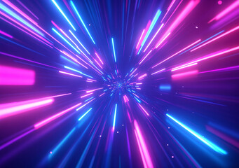 Neon design elements light glow and flash technology abstract background. Fractal lights moving fast. Speed concept. High quality photo
