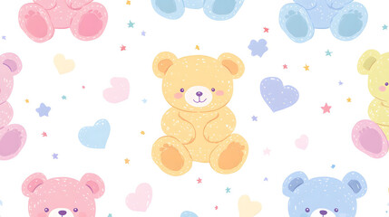 Teddy bear seamless pattern with cute hearts and playful designs, perfect for baby cards and Valentine's Day decorations