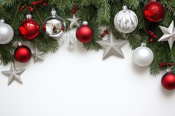 Red and silver baubles with white space