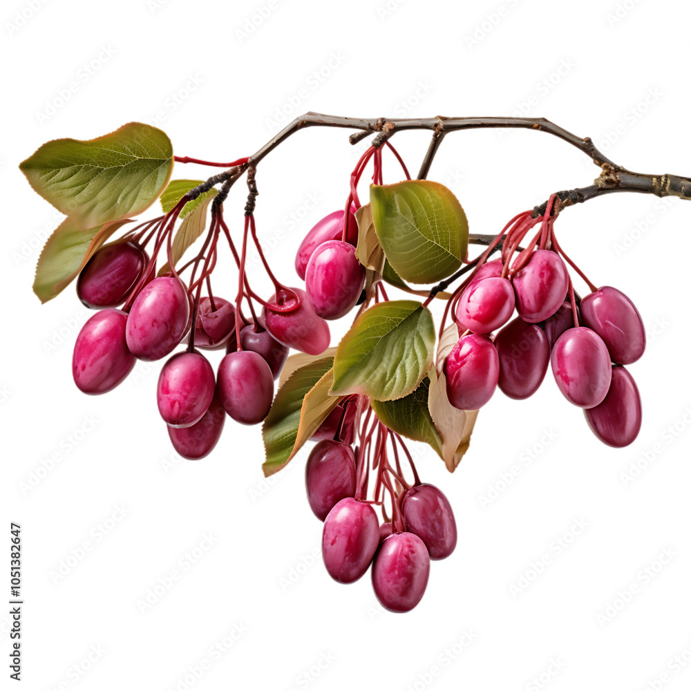 Poster a delightful view of honeyberries hanging gracefully from a lush green branch, featuring a png cutou