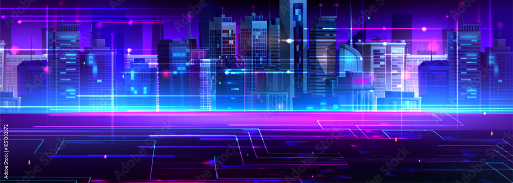 Wall mural cyberpunk skyline glows with electric blue and purple colors. digital grid patterns overlay metropol