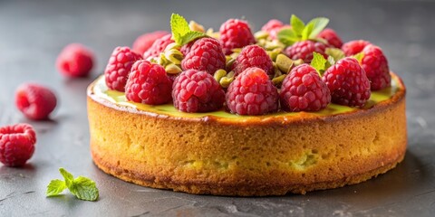 Close up of a pretty tea cake adorned with fresh raspberries and pistachios, tea cake, raspberries