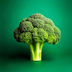 Fresh green broccoli against a green background. Healthy vegetable, vegan diet