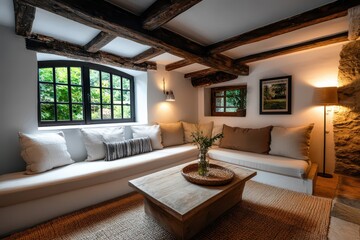 Fototapeta premium Charming countryside cottage with cozy nook and inviting homey decor, perfect for relaxation and comfort.