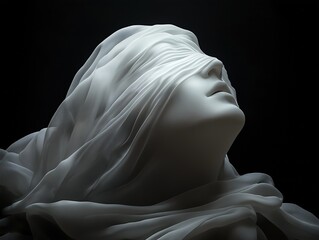 Sculpted face veiled in soft fabric, symbolizing mystery, identity, and elegance in a dark setting.