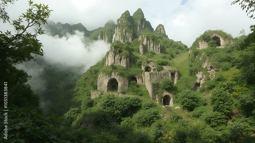 Sticker Mysterious rock formations rise from a lush green hillside, partially shrouded in mist.