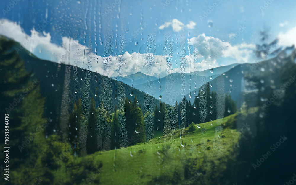 Aufkleber A view of a mountain range through a window with raindrops.