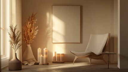 Fototapeta premium Beige room warm atmosphere frame and candles 3d render