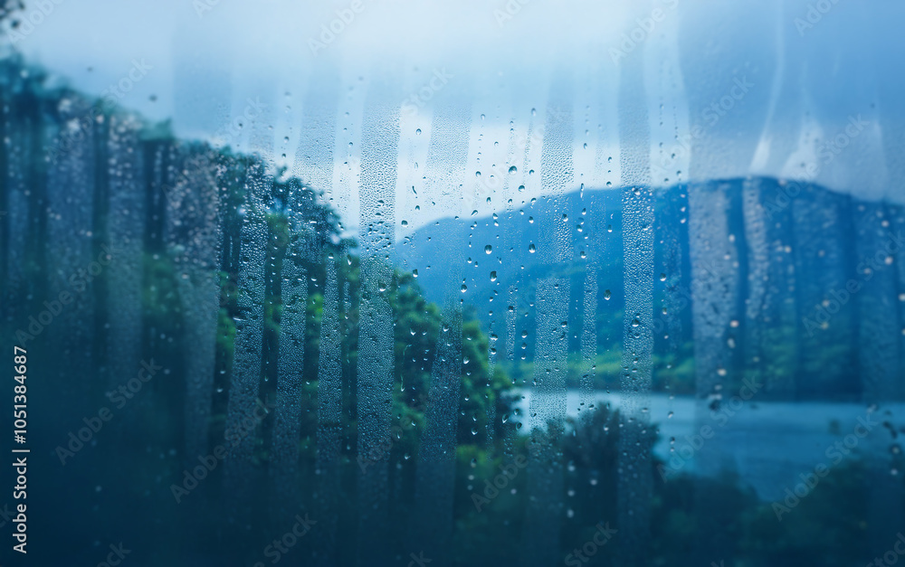 Poster a view of a lake and mountains seen through a rain-streaked window.