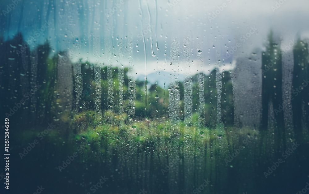 Poster A view of a forest through a rain-streaked window, with blurred trees and a cloudy sky in the distance.