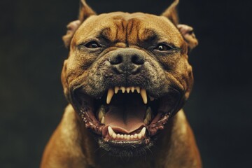 horrifying expression photo of a dog with sharp teeth and fangs staring at the camera on an isolated black background