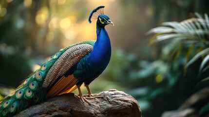 Fototapeta premium A vibrant blue peacock with its colorful tail feathers spread wide stands on a rock in a lush green forest.