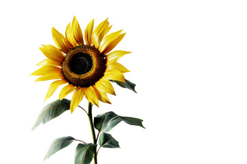 Obraz premium Realistic sunflower stem with green leaves and blooming flower head on transparent background