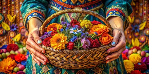 Fototapeta premium Wicker Basket Overflowing with Vibrant Blossoms, Held Securely by Gentle Hands, Surrounded by a Kaleidoscope of Colors