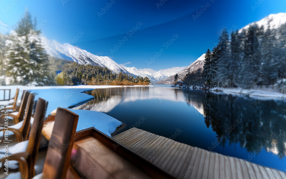 Poster a wooden dock extends out into a tranquil lake surrounded by snow-capped mountains and a forest in t