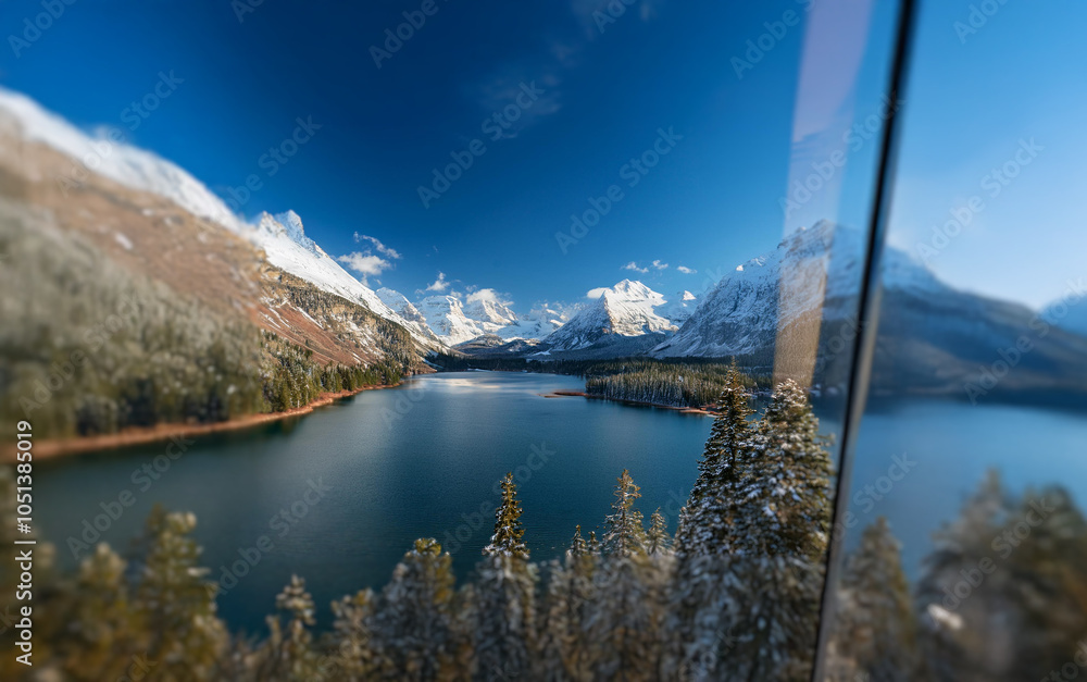 Poster A scenic mountain lake with snow-capped peaks reflecting in the water, framed by evergreen trees in the foreground.