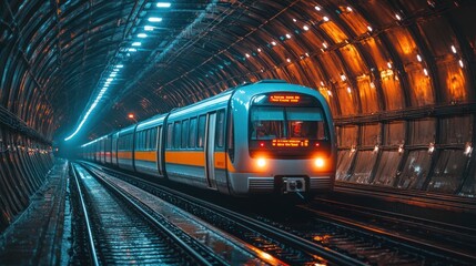 Naklejka premium Subway Train Emerging from a Tunnel with Bright Lights