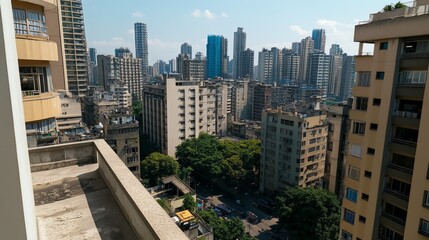 Obraz premium Rooftop View of Modern City Skyline with Tall Buildings and Green Trees