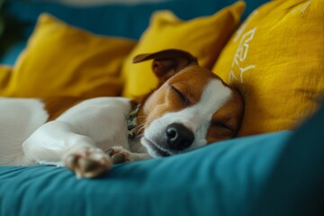 Obraz premium house dog fast asleep on colorful sofa