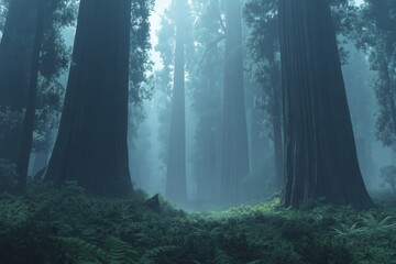 Obraz premium Lush ferns beneath foggy sequoia canopy