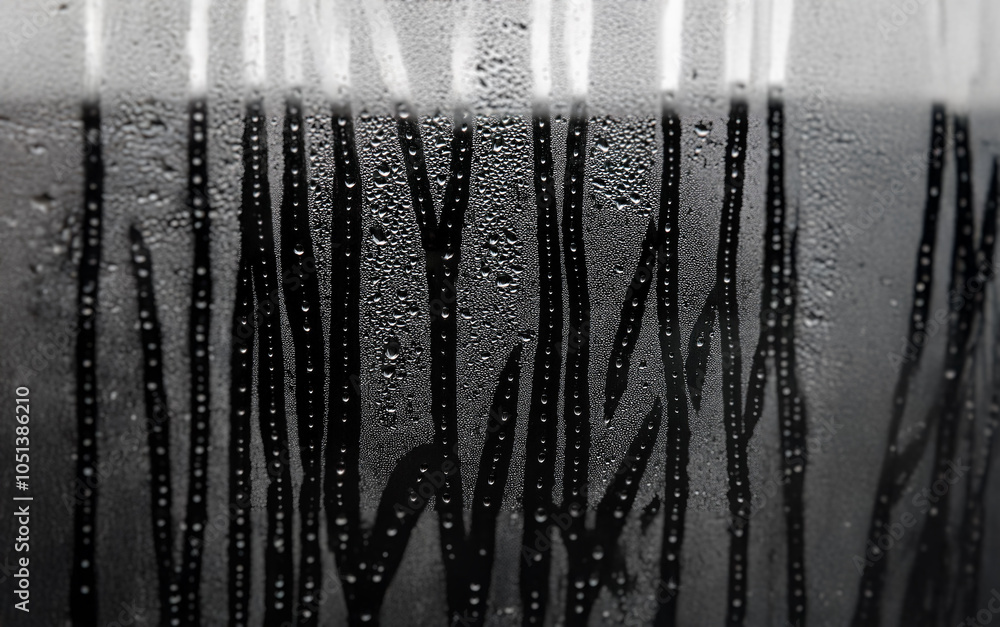 Aufkleber A blurry image of a window with raindrops clinging to the glass, creating an abstract pattern of lines and shapes.