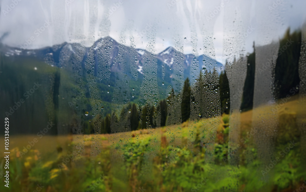 Poster A view of snow-capped mountains and a grassy meadow through a rain-streaked window.