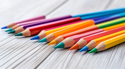Fototapeta premium Colorful Pencils on Wooden Table Art Supplies Creativity Drawing Education