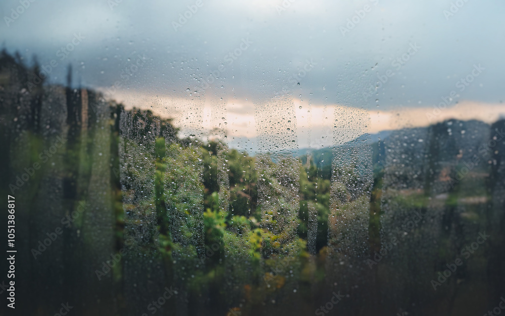 Poster A view of a lush mountain range through a window with rain drops.