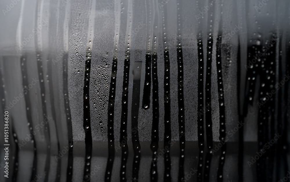 Aufkleber close-up of a window pane with condensation forming streaks and droplets.