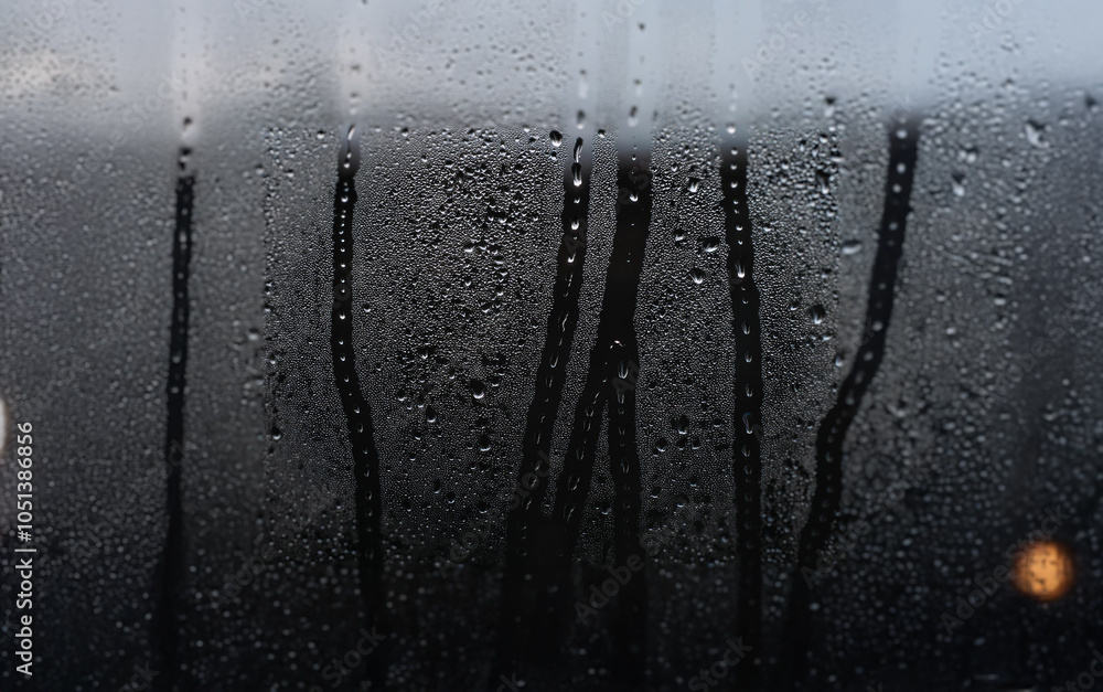 Aufkleber condensation and raindrops on a glass window pane, creating a blurry view of the outside.