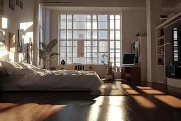 minimalistic stylish interior of luxury apartment with white stylish bedroom and dark living room.  generative ai
