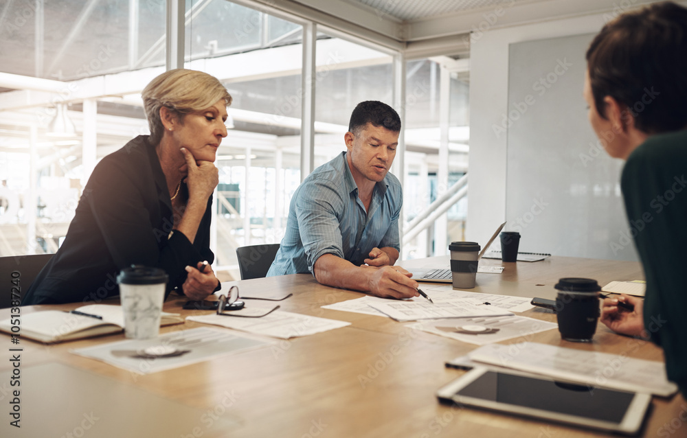 Aufkleber Meeting, business people and tablet with paperwork, working and web content creation. Startup, boardroom and professional group with digital and ux design upgrade with diversity and online project