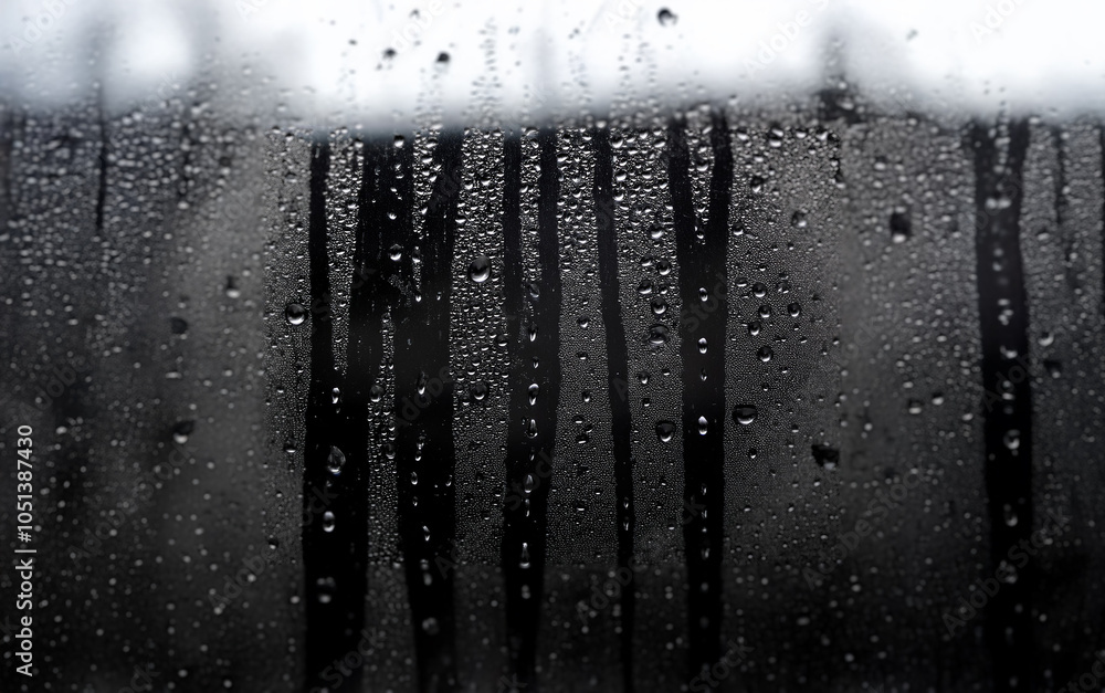Aufkleber raindrops on a window pane, streaks of water running down, creating a blurred view.