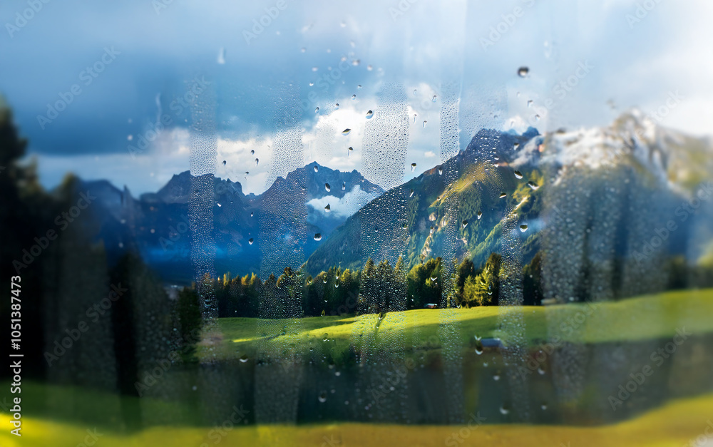 Poster A view of a mountain range through a rain-streaked window.