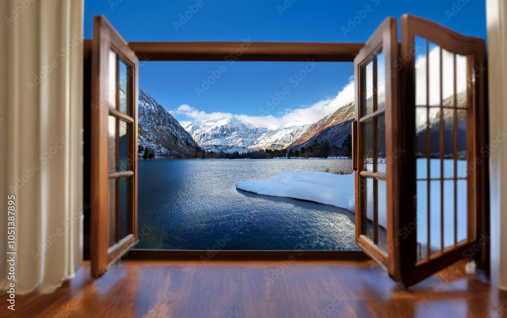 Poster A view of a snow capped mountain range and a frozen lake seen through a pair of open french doors, with white curtains pulled to the side.