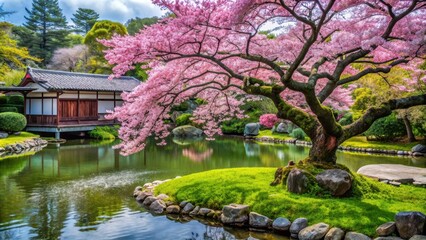 Obraz premium Blooming cherry tree in a serene Japanese garden, cherry blossom, Japan, sakura, spring, flowers, trees, nature, outdoor