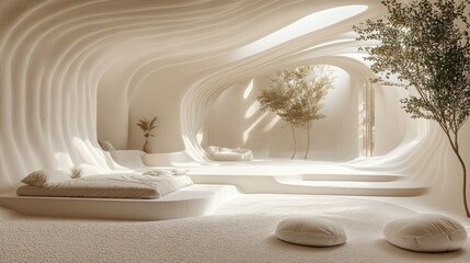 Fototapeta premium Modern minimalist bedroom interior with white walls, a bed, and a tree in the window.