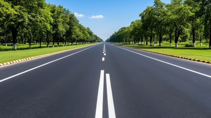 Empty Asphalt Road with Green Trees and Blue Sky   Perfect for Travel  Transportation  and