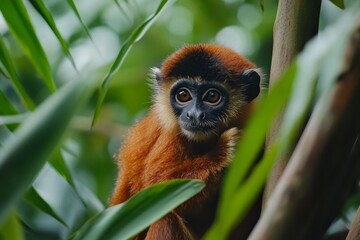 Fototapeta premium a monkey cub in the forest, light brown fur with sparkling eyes, perching on a tree branch.